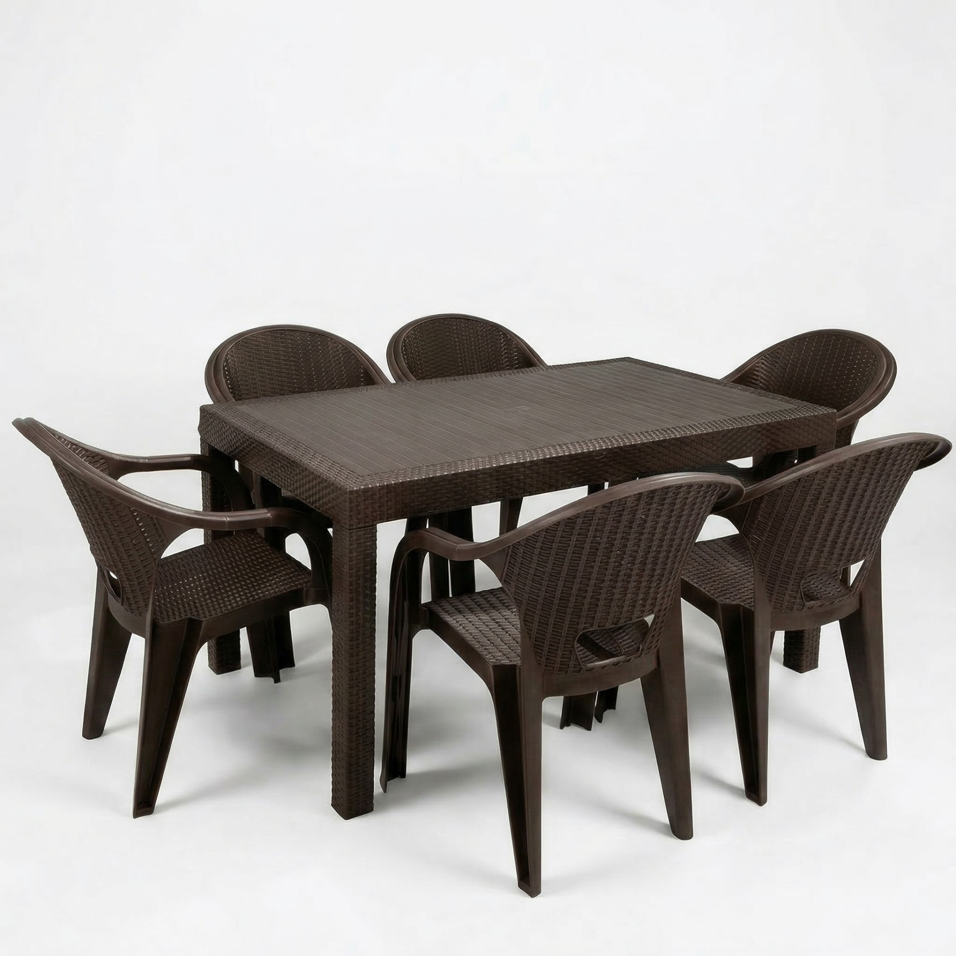 Flash 90x150 cm Rattan 6 Kişilik Masa Takımı Camsız Flash Sandalye Bahçe Teras Takımı Oturma Grubu - Kahve Rengi